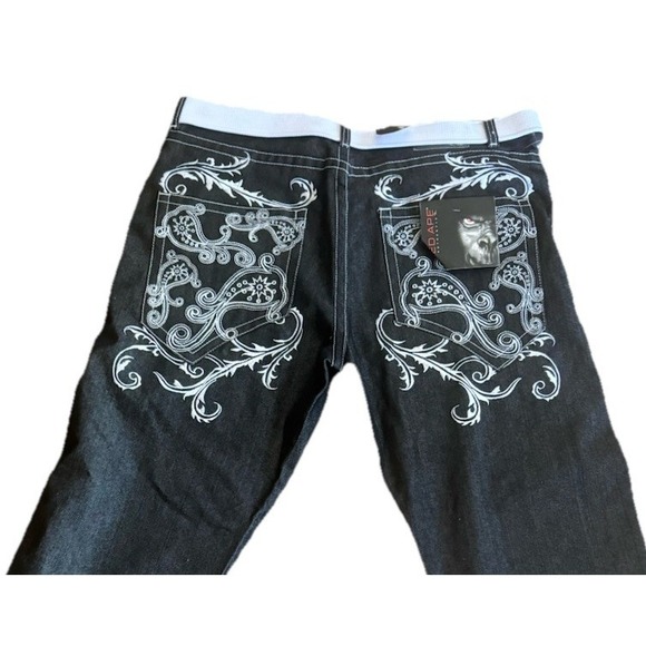 Red Ape Authentic Jeans 40 NWT Embroidered Y2K Streetwear Denim Baggy Belted 40 - Picture 2 of 14